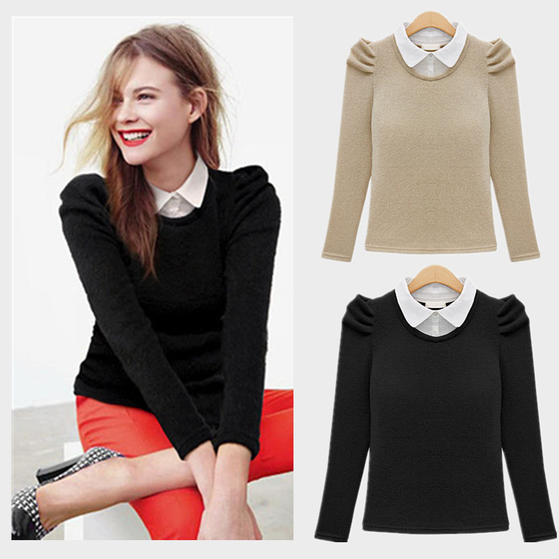 2012 fashion women's faux two piece set winter shirt collar basic shirt winter long-sleeve sweater gentlewomen