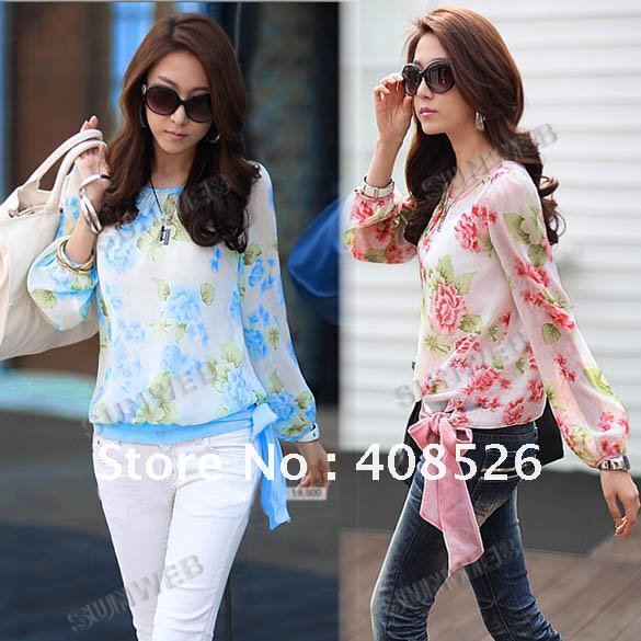2012 Fashion Women's Floral Print Pattern Chiffon Blouses Casual Puff Long Sleeve Tops Shirt Free Shipping 7134