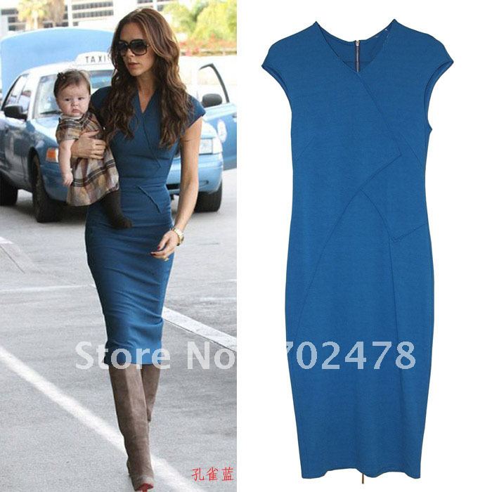 2012 fashion women's full dress V-neck short-sleeve knitted long design dresses blue free shipping dropship