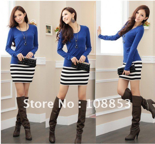 2012 Fashion Women's Long Sleeve Large Size O-Neck Slim Sexy Striped Mini OL Dress Skirt Top Wear Free Shipping 0093