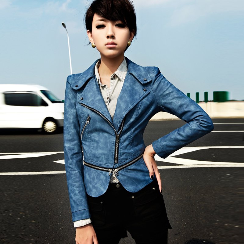 2012 fashion women's small leather clothing female short design slim blue PU jackets