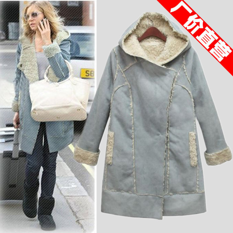 2012 fashion women's suede fabric deerskin berber fleece with a hood medium-long overcoat trench thickening outerwear