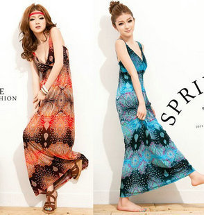 2012 fashion women's summer silk floral bohemia V-neck  full ladies skirts,long beach dress have pad,free shipping