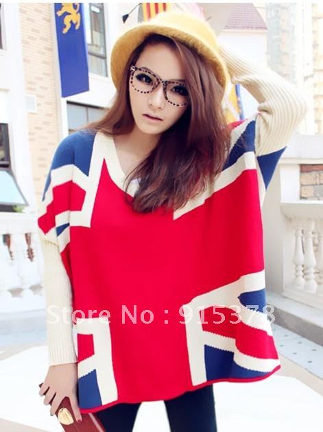 2012 FASHION WOMEN'S SWEATERS +CASUAL UNION JACK LONG SLEEVE V-NECK LOOSE FIT SWEATER JUMPER + FREE SHIPPING (1PC) 1241