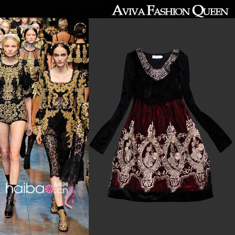 2012 fashion women's vintage gold embroidery red velvet long-sleeve plus size one-piece dress autumn and winter