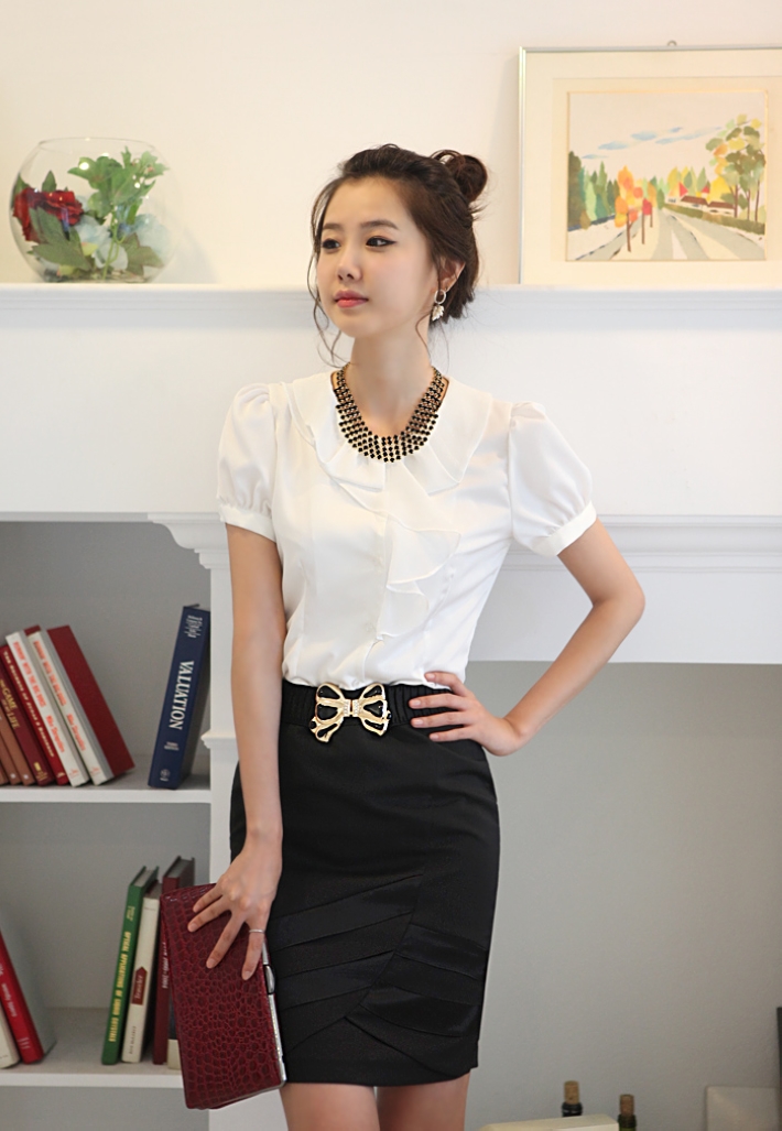 2012 Fashion Women Shirt Blouses Tops for Office Ladies Ruffles Wear Clothing Short Sleeve Free shipping