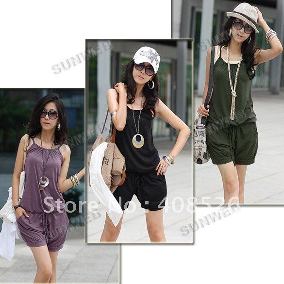 2012 Fashion Women Sleeveless Romper Strap Short Jumpsuit Scoop 3 Colors White, Black,Purple free shipping 3168