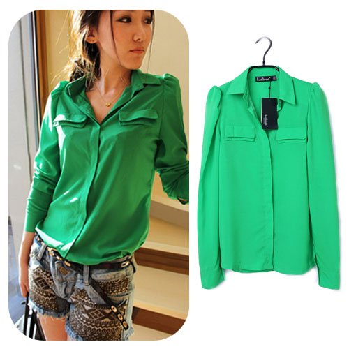2012 fashion women stand collar puff sleeve blouses candy color long-sleeve shirt female BLY8351