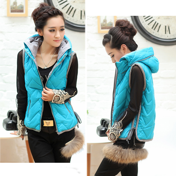 2012 fashion yarn patchwork with a hood short design slim female cotton vest blue cotton-padded jacket