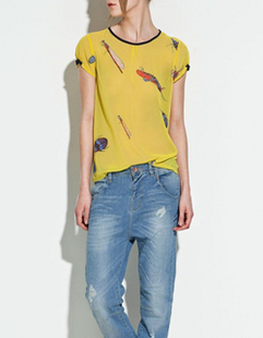 2012 fashion yellow print perspectivity loose women's short-sleeve chiffon blouse top