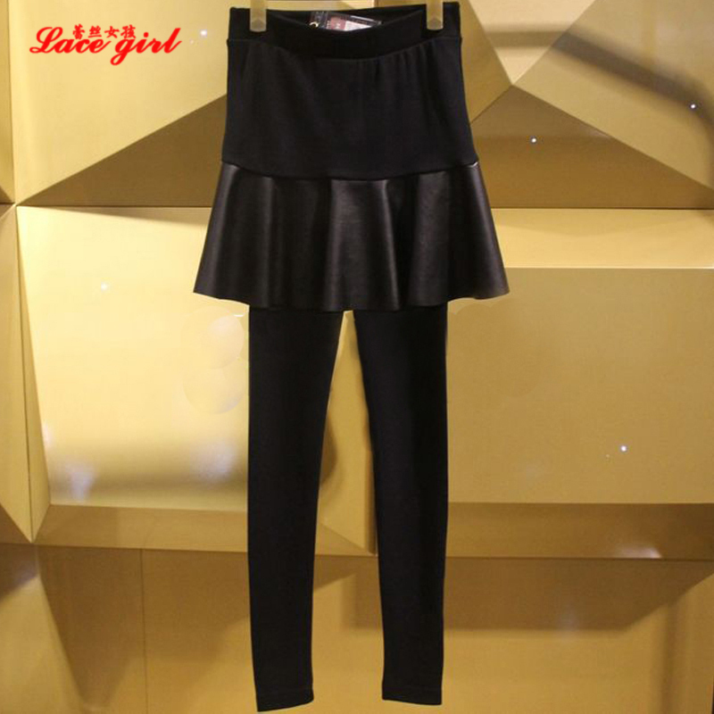 2012 fashionable casual all-match legging faux two piece leather skirt legging patchwork female trousers 1282