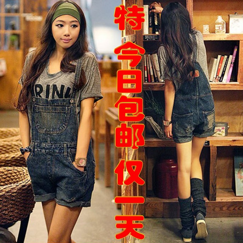 2012 fashionable denim suspenders shorts female trousers trend bib pants roll up hem pants lowing pants