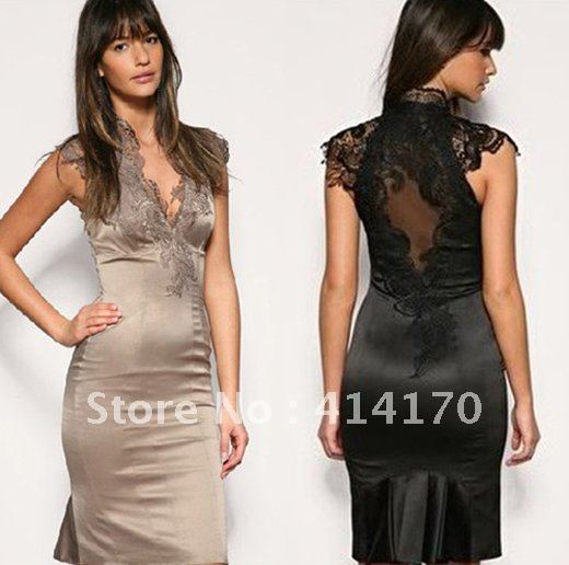 2012 fashon brand dress black sexy Dress V neck Sleeveless lace dresses fashion dropship wholesalers