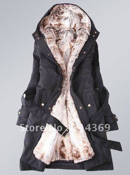 2012 Faux Fur lining women's winter warm long fur coat jacket clothes Lady's overcoat  Free Shipping