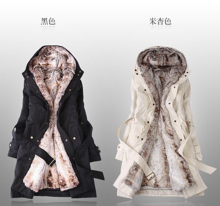 2012 Faux fur lining women's winter warm long fur coat jacket clothes wholesale XS-XXXL black and beige