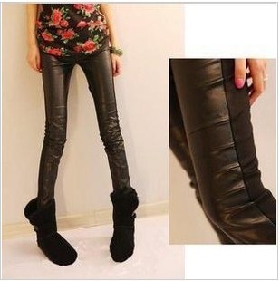 2012 faux leather after 100% cotton patchwork 9 ankle length legging female trousers