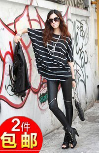 2012 faux leather knee zipper side zipper legging female plus size boot cut jeans