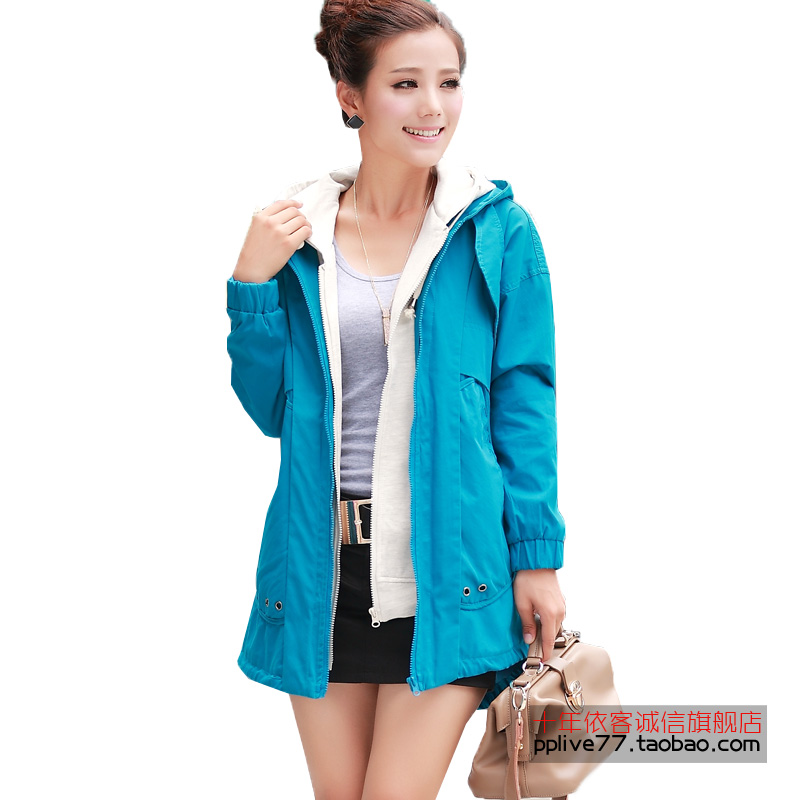 2012 female autumn new arrival fashion hooded trench twinset slim trench zipper plus size female