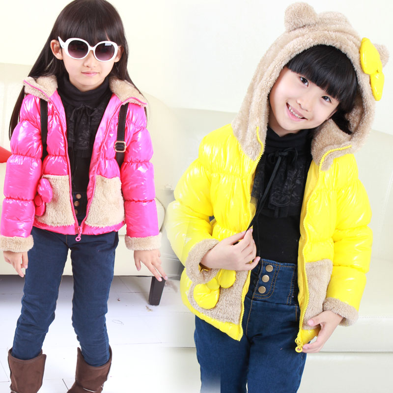 2012 female child bow shiny plush with a hood down wadded jacket outerwear a99