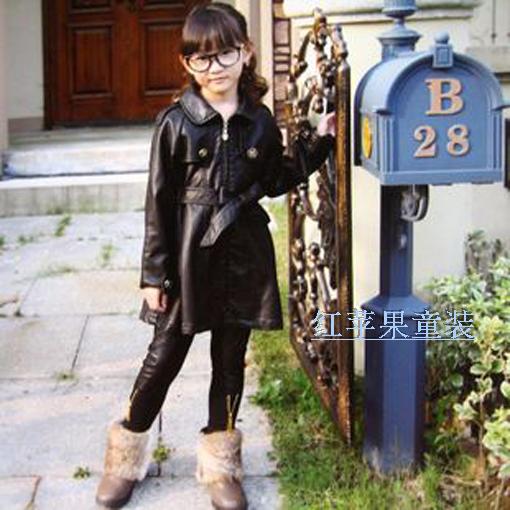 2012 female child leather trench child top leather coat casual cardigan 3395