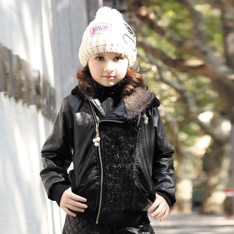 2012 female child spring and autumn PU plus velvet hooded clothing jacket outerwear tsc1161