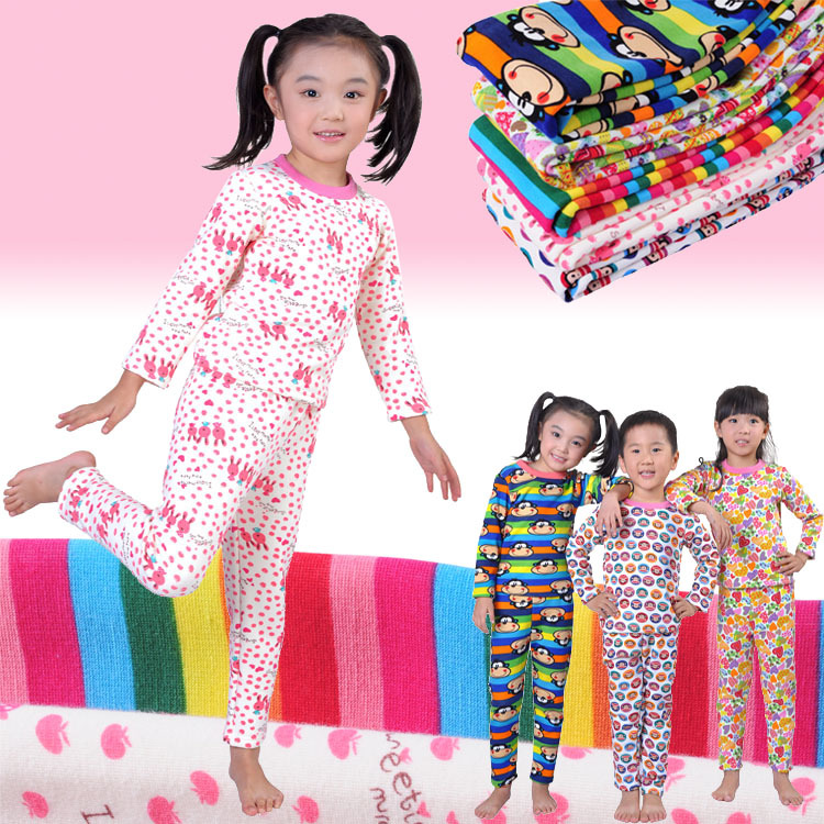 2012 female child winter thermal underwear set child baby 100% cotton sleepwear plus velvet thick 2288