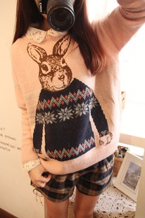 2012 female loose preppy style rabbit jacquard o-neck pullover sweater (WC005)