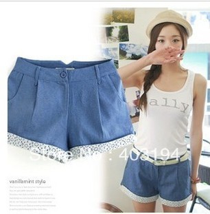 2012 female new arrival hot-selling faux denim laciness casual shorts for women free shipping