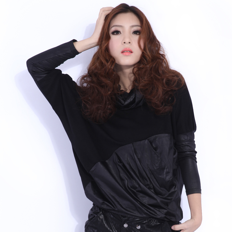 2012 female personality patchwork leather all-match loose long-sleeve T-shirt 0825