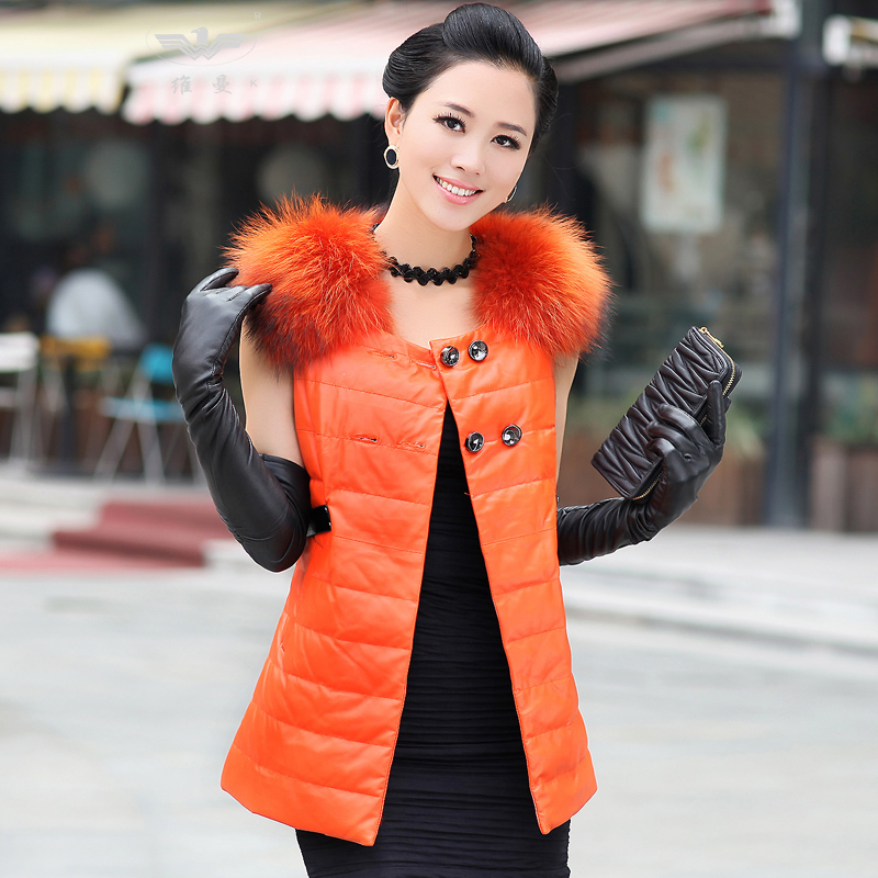 2012 female sheepskin genuine leather vest raccoon fur down coat genuine leather female leather clothing vest medium-long