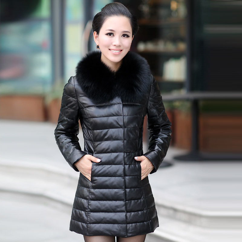 2012 female sheepskin outerwear fox fur medium-long genuine leather down coat leather clothing Free shipping