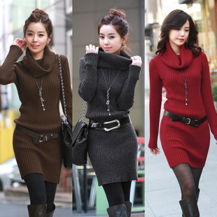 2012 female solid color turn-down collar slim hip knitted one-piece dress long design basic sweater outerwear