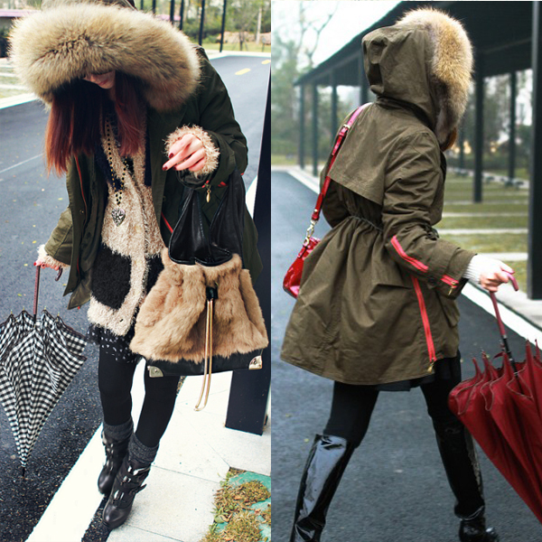 2012 female ultralarge raccoon fur collar outerwear dovetail slim waist cotton-padded jacket wadded jacket