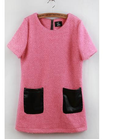 2012 female winter rose sweet leather little circle woolen one-piece dress pocket ,Free shipping
