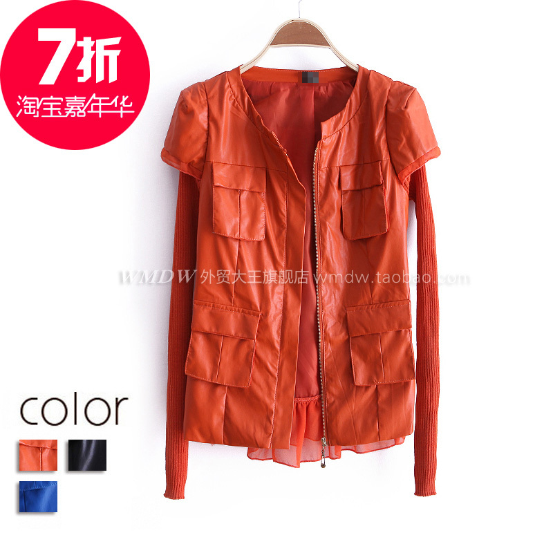 2012 formal o-neck patchwork knitted sleeve zipper style belt trench outerwear ww2604