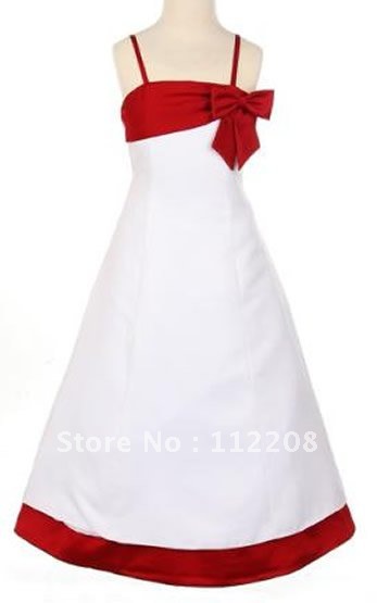 2012 Free Shipping A-Line Floor-Length Spaghetti Strap Bow Satin Communion Dresses for Girls/Flower Girl Dress