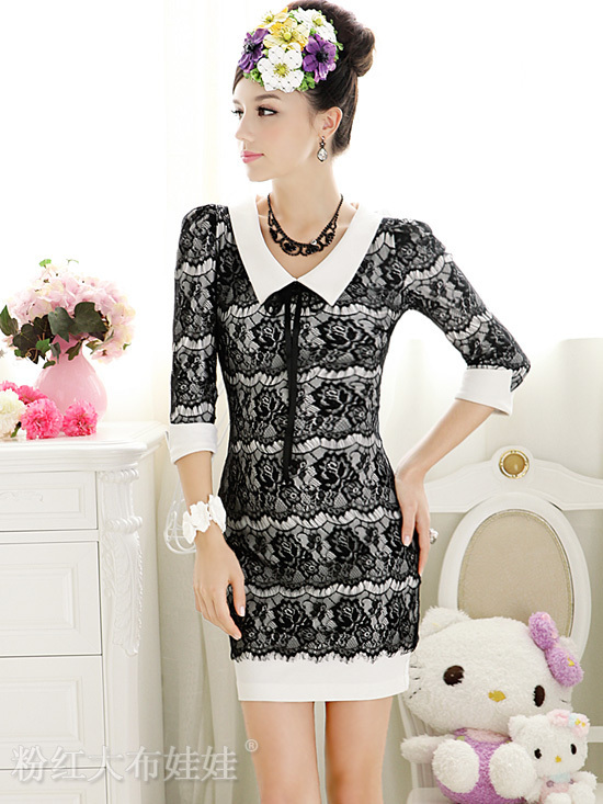 2012 free shipping  Black lace skirt women's fashion long sleeve  OL dress