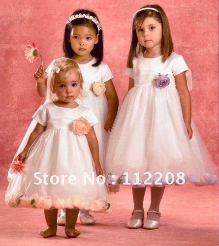 2012 Free Shipping Custom-Made Scoop Mid-Calf Hand-Made-Flower Organza Communion Dresses/Flower Girl Dress