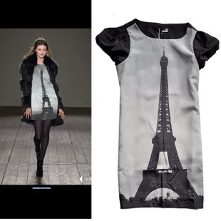 2012 Free shipping Eiffel Tower print pattern short sleeve chiffon dress S,M Wholesale & Retail