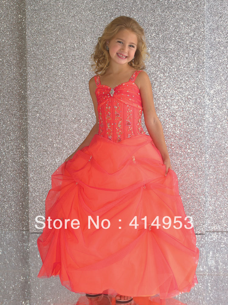 2012 Free Shipping Fashion Spaghetti Straps Crystal Beaded Organza Ruffles Fower Girl Pageant Gowns
