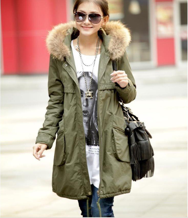 2012 Free Shipping , Fur Collar Women's winter down overcoat, Army Green Casual Outwear, Winter jacket, Wholesale