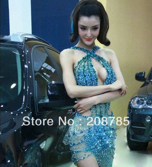 2012  Free shipping Halter Mermaid Celebrity Dresses Rhinestone Swarovski crystals Chiffon Anke length Open back
