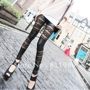 2012 Free shipping High quality faux leather patchwork lace flower cutout legging female plus size ankle length trousers