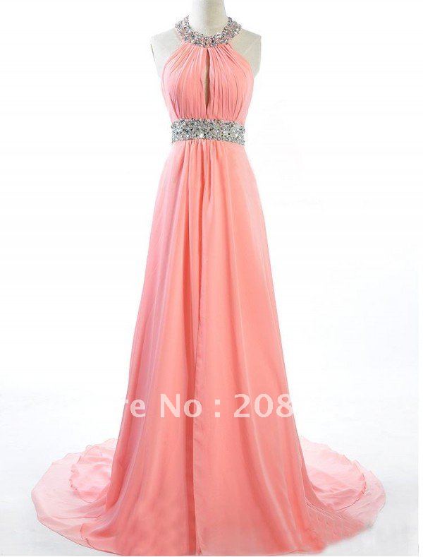 2012 Free shipping  Hot sale Halter  Sheath Celebrity Dresses Anke length  Fold  Beaded Waist Open back