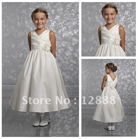 2012 Free Shipping Hot Sale White V-Neck Flower Girl Dress