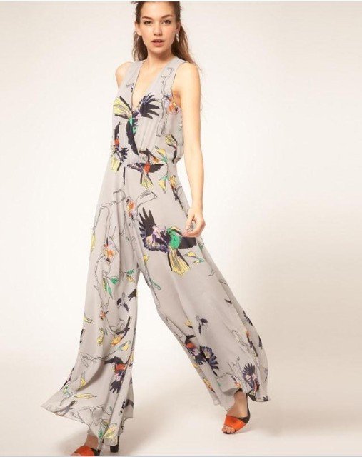 2012 Free shipping new arrival Classy Graceful Bird print Sleeveless Chiffon wide-leg pant Jumpsuits wholesale retail
