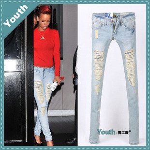 2012 Free shipping New Light blue Retro Low waist hole jeans women Wholesale & Retail