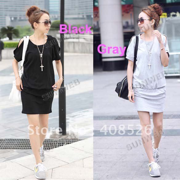 2012 Free shipping Sexy Fashion Women's Off Shoulder Casual Loose Round Neck Short Sleeve Shirt Dress Skirt Gray, Black 5538