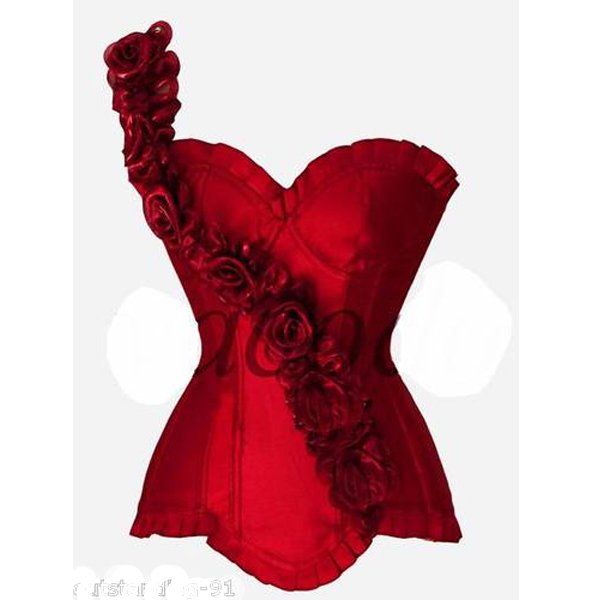 2012 free shipping Sexy red Rose Satin shoulder Corset Bustier Clubwear sent thong + SZ S-XXL