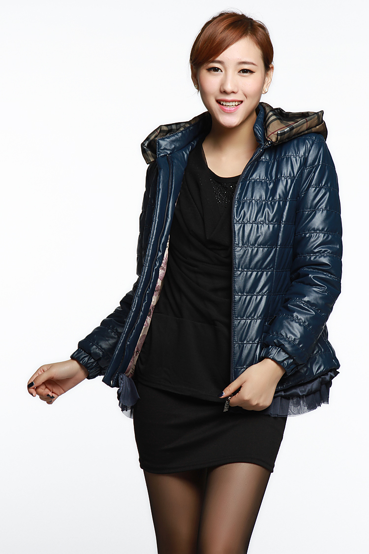 2012 Free Shipping Short Women Winter Down Cotton Coat Thick surcoat PU Black Dark Blue  clothes Coats Overcoat glengarry